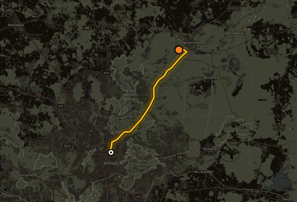 Maršrutas automobiliu iš Vilniaus centro į Pabėgimo Bunkerį prie Nemenčinės, apie 21 km